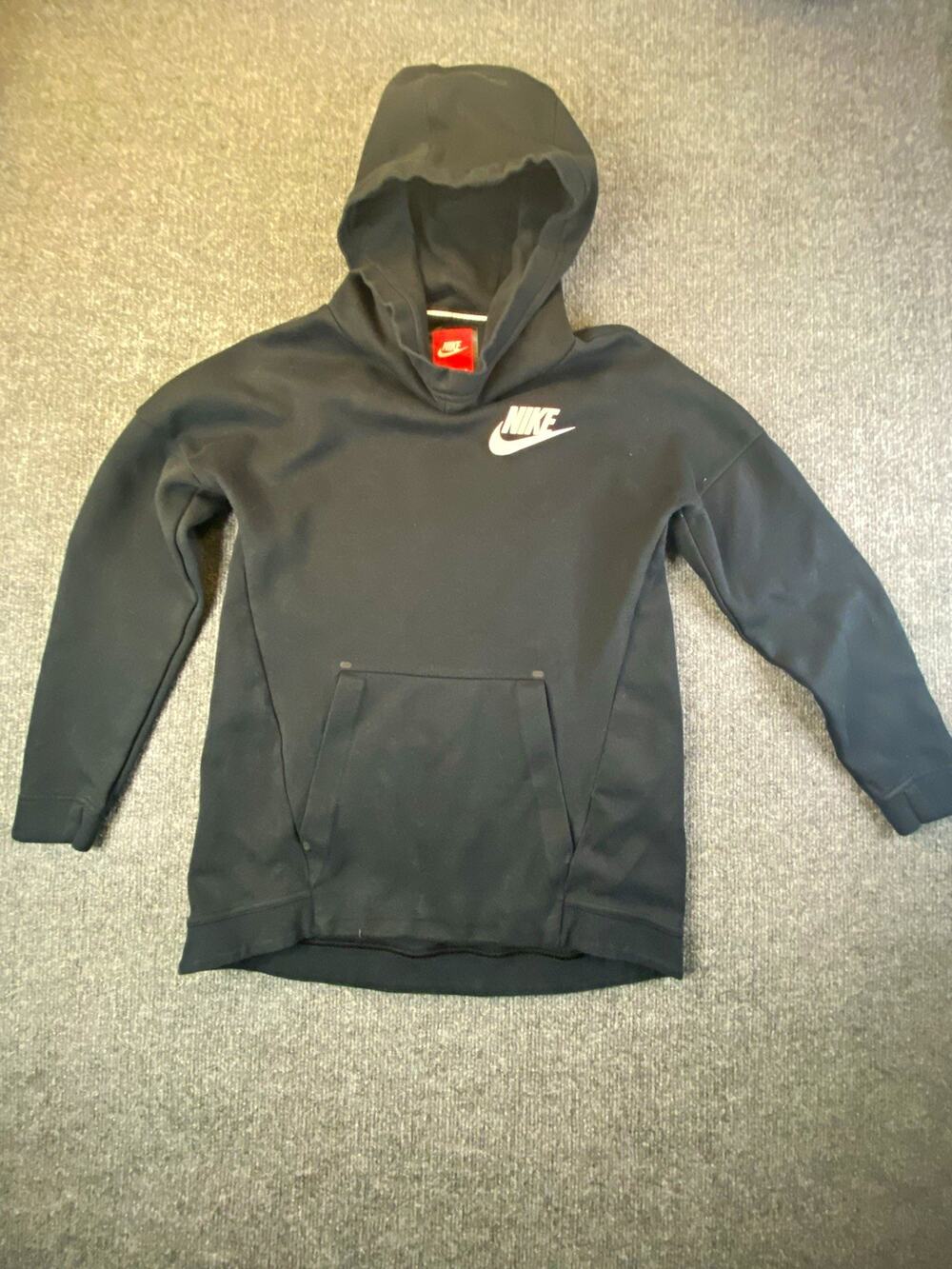 Nike Youth Black Pullover Hoodie Fleece Cotton/Poly Logo Pockets Size L